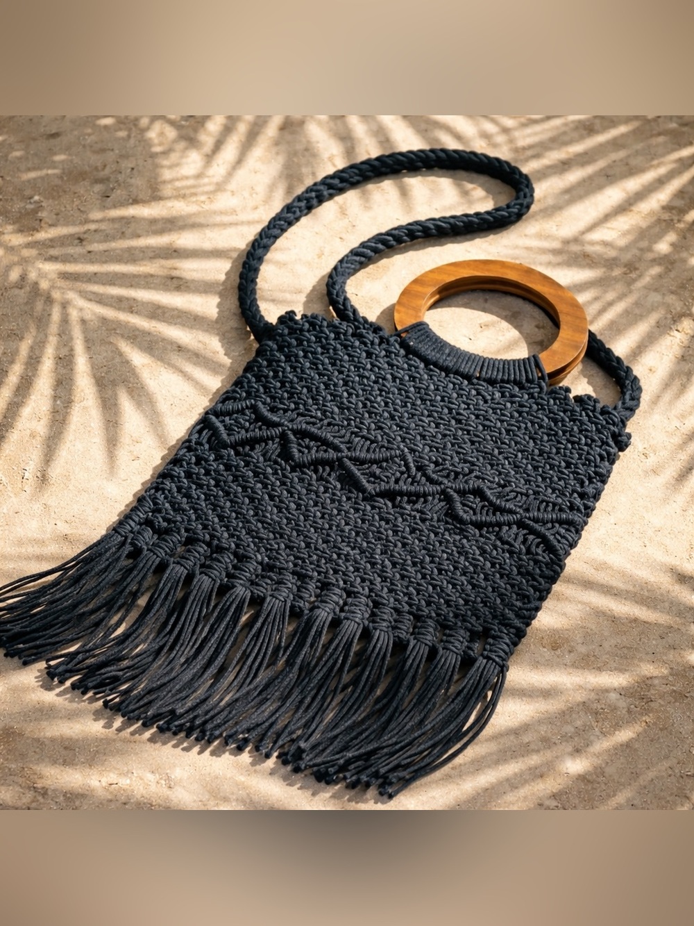 Danielle Nicole Handwoven Black Macramé Fringe Crossbody Bag with Wooden Handle